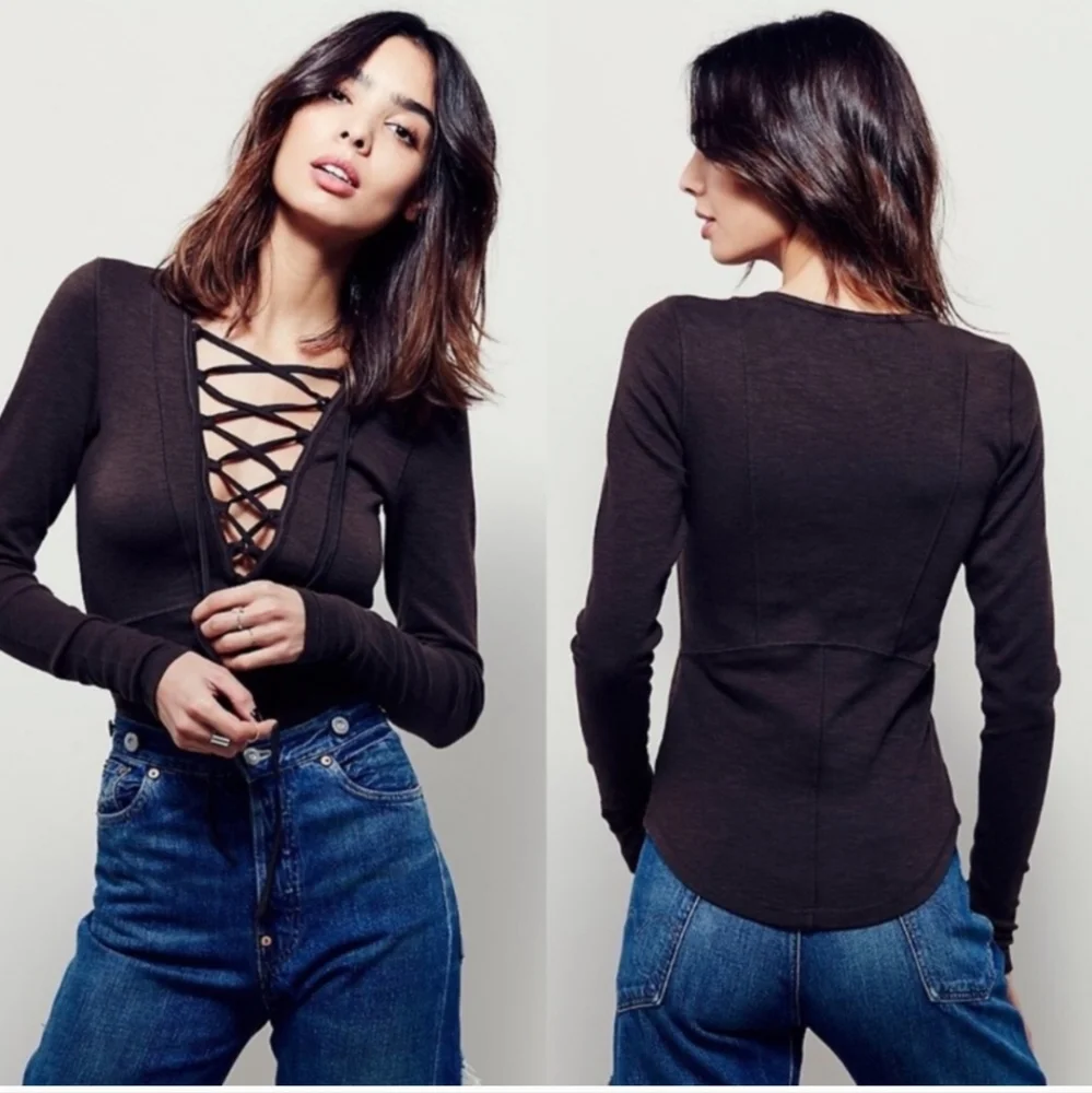 Free People Black Cotton Lucky Lace Up Long Sleeve Criss Cross Tie Front Tee S